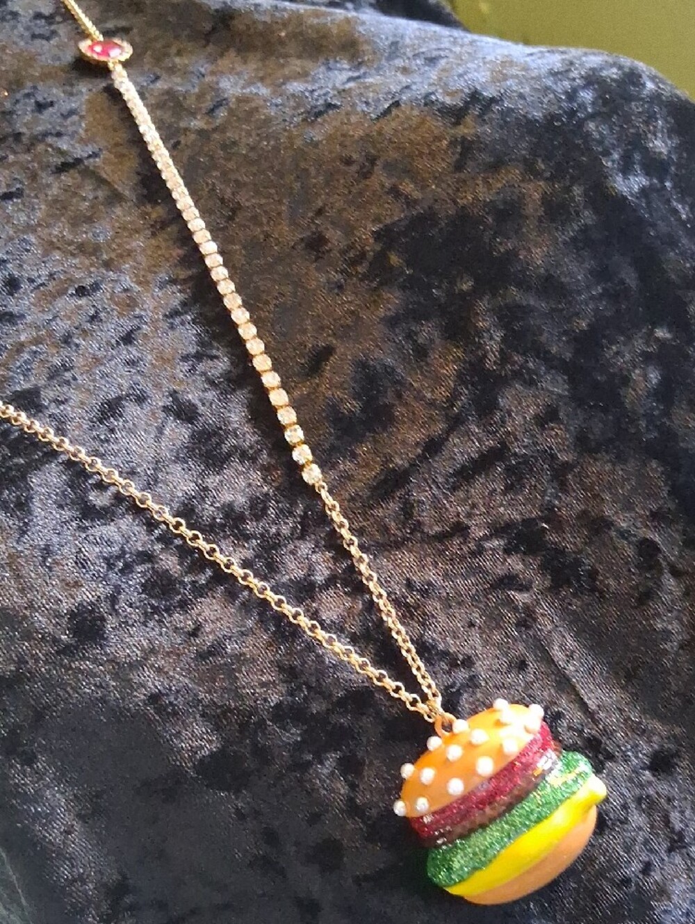 Betsey Johnson Gold-Tone Necklace with Pearl Topping and Multicolor Burger Charm - Picture 3 of 16